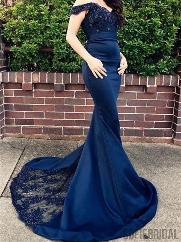 Mermaid Off-shoulder Lace Appliques Prom Dresses With Train, PD0092
