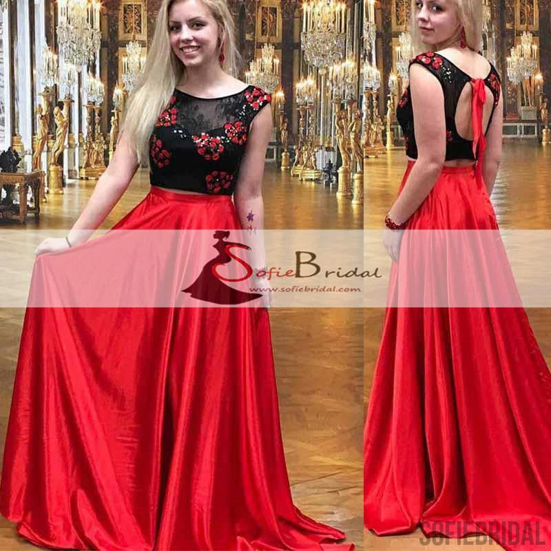 2 Pieces Black Top Open Back Prom Dresses, Red A-line Satin Prom Dresses, Prom Dresses, PD0458