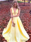 Simple Cheap V-neck Yellow Long Satin Prom Dresses, PD0081