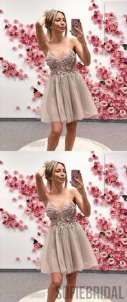 Spaghetti Straps Appliques Beading Top Tulle Homecoming Dress, HD0160