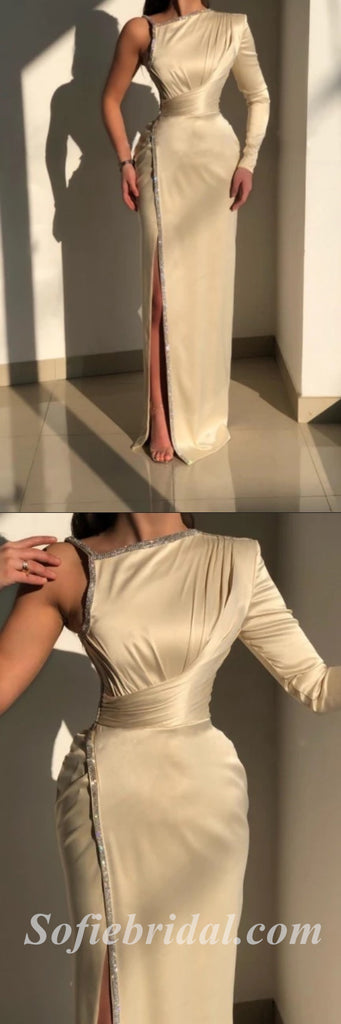 Sexy Satin One Shoulder Long Sleeve Side Slit Mermaid Long Prom Dresses,SFPD0567