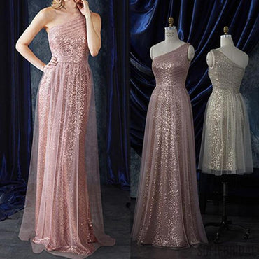 One Shoulder Mismatched Sequin Tulle Long A-line Bridesmaid Dresses, PD0278