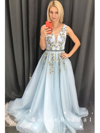 A-Line V-Neck Sleeveless Tulle Long Prom Dresses With Appliques,SFPD0001