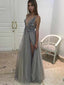 Sexy Deep V-Neck Side Slit New Arrival Silver Sequin Tulle Prom Dresses,PD0002