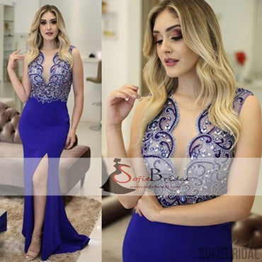 Royal Blue Rhinestone Beaded Mermaid Jersey Side Slit Prom Dresses, Prom Dresses, PD0408