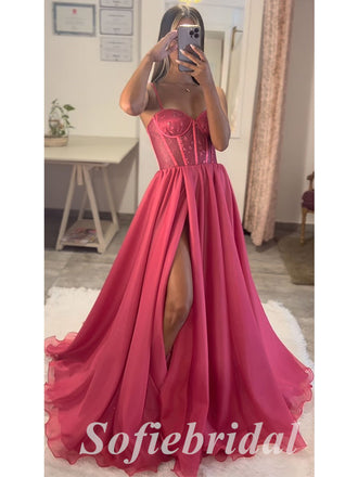 Sexy Spaghetti Straps V-Neck Sleeveless Side Slit A-Line Long Prom Dresses,PD0814