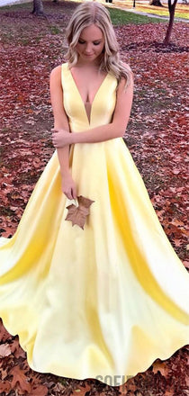 Simple Cheap V-neck Yellow Long Satin Prom Dresses, PD0081
