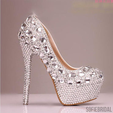 High Heels Handmade Fully Rhinestone Pointed Toe Crystal Wedding Shoes, S031