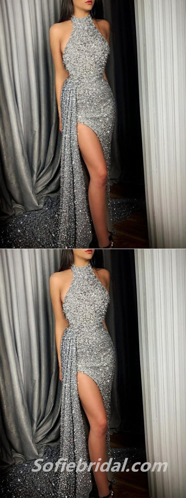 Sexy Silver Sequin High Neck Side Slit Mermaid Long Prom Dresses,SFPD0306