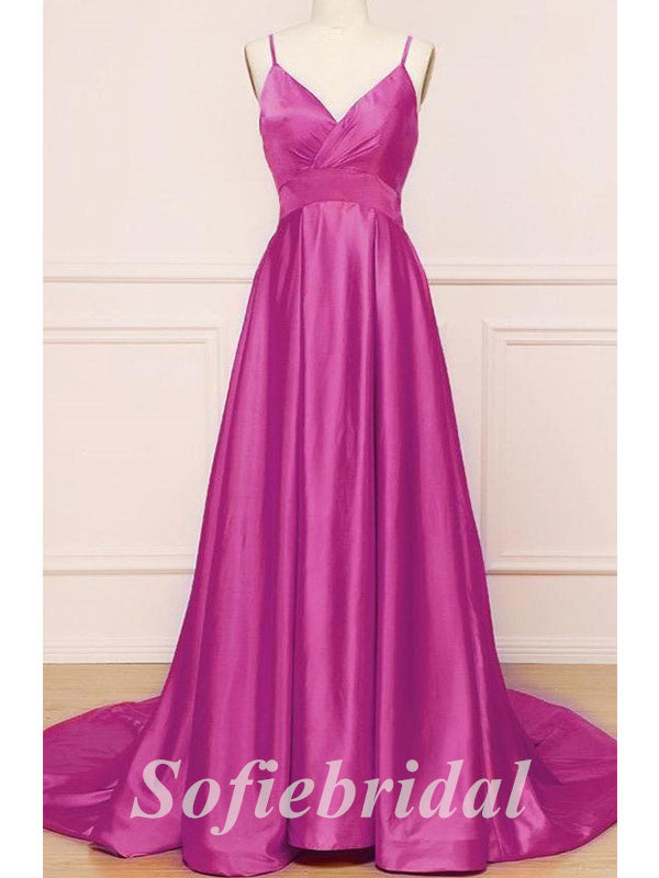 Sexy Soft Satin Spaghetti Straps V-Neck Sleeveless Backless A-Line Long Prom Dresses,PD0769