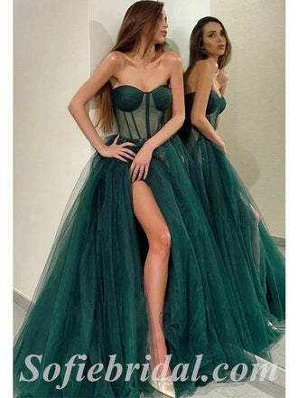 Sexy Tulle Sweetheart Sleeveless Side Slit A-Line Long Prom Dresses,SFPD0485