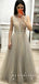 A-Line Deep V-Neck Sleeveless Tulle Long Prom Dresses With Beading,SFPD0002