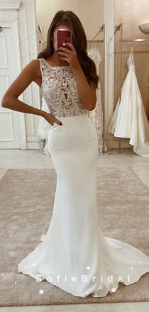 Mermaid Square Neckline Sleeveless Long Wedding Dresses With Lace,SFWD0002