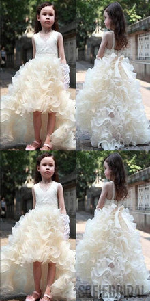V-neck Hi-low Ivory Flower Girl Dresses, Cute Cheap Tutu Dresses, FG014