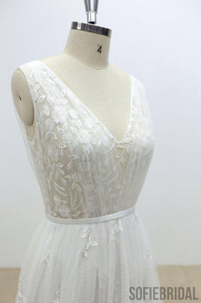 Simple V Neck Lace Cheap A-line Wedding Dresses Online, WD371