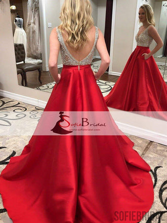 V-neck Rhinestone Beaded Top Prom Dresses, Red Satin Prom Dresses, Evening Dresses, PD0426