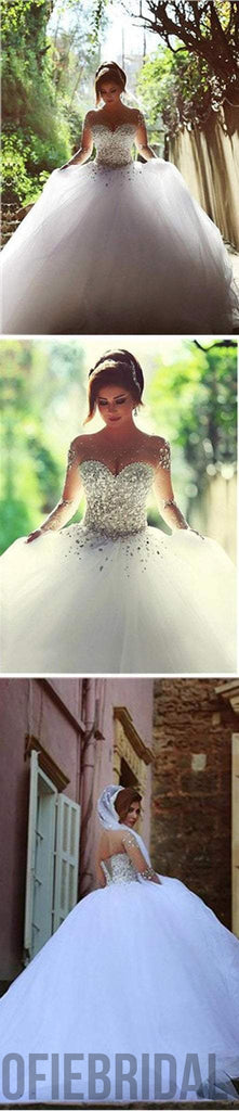 Gorgeous Illusion Long Sleeve Beaded Rhinestone Lace Up Ball Gown Wedding Dress, WD0200