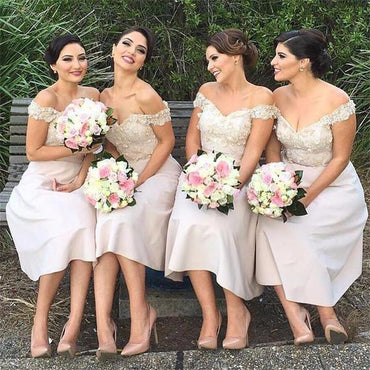 Off Shoulder Knee Length Appliques Cute Bridesmaid Dresses, PD0252