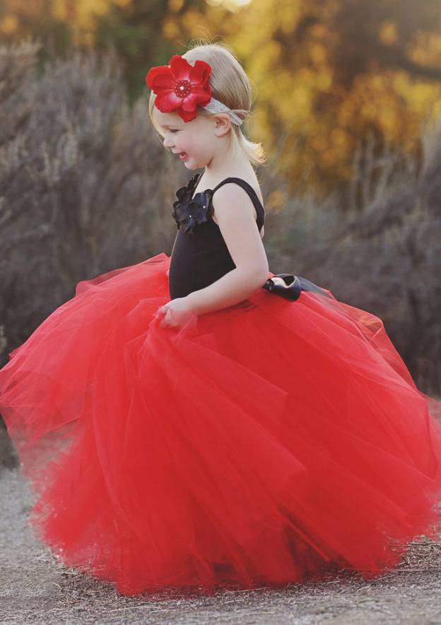 A-line Sleeve Scoop Neck Long Red Tulle Flower Girl Dresses, FG0112
