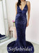 Sexy Sequin Spaghetti Straps V-Neck Backless Mermaid Long Prom Dresses,PD0758