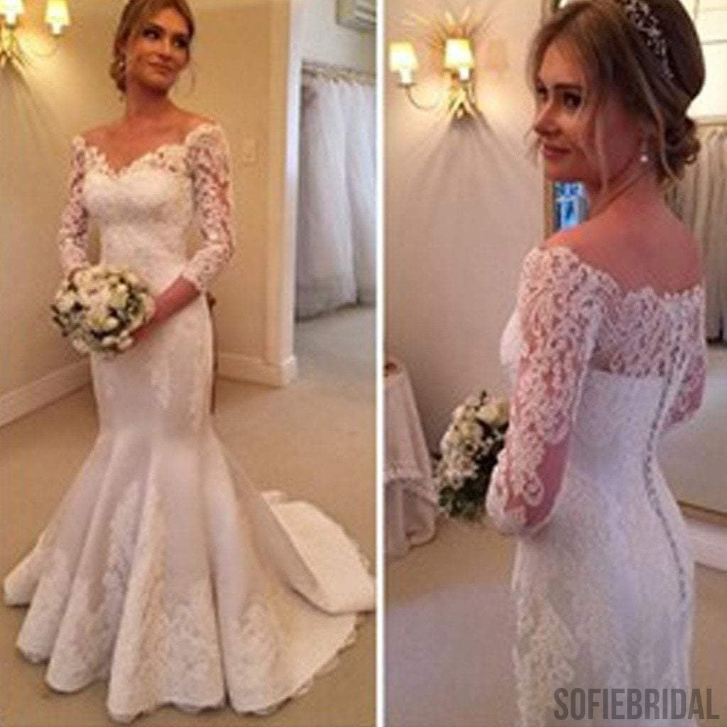 Charming Off Shoulder Long Sleeve Mermaid White Satin Lace Wedding Dresses, WD0206