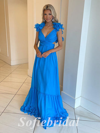 Sexy Chiffon Spaghetti Straps V-Neck Lace Up Back A-Line Long Prom Dresses, PD0877