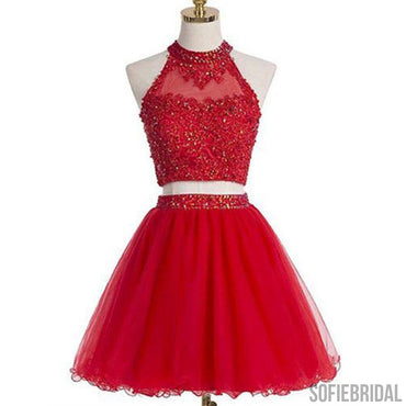 Two Pieces High Neck Beaded Open Back Homecoming Prom Dresses, SF0059