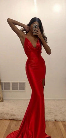 Sexy V-neck Mermaid Long Red Prom Dresses. PD1059