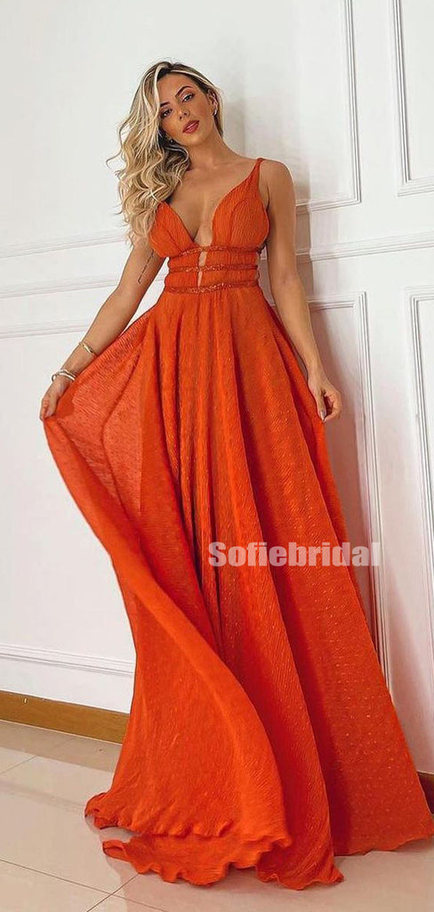 Charming V-neck A-line Orange Long Simple Prom Dresses,SFPD0171