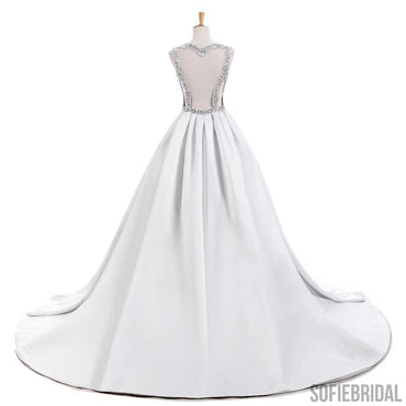 V-neck Elegant Simple Design White Satin A-line Beaded Belt Wedding Dresses, WD0240
