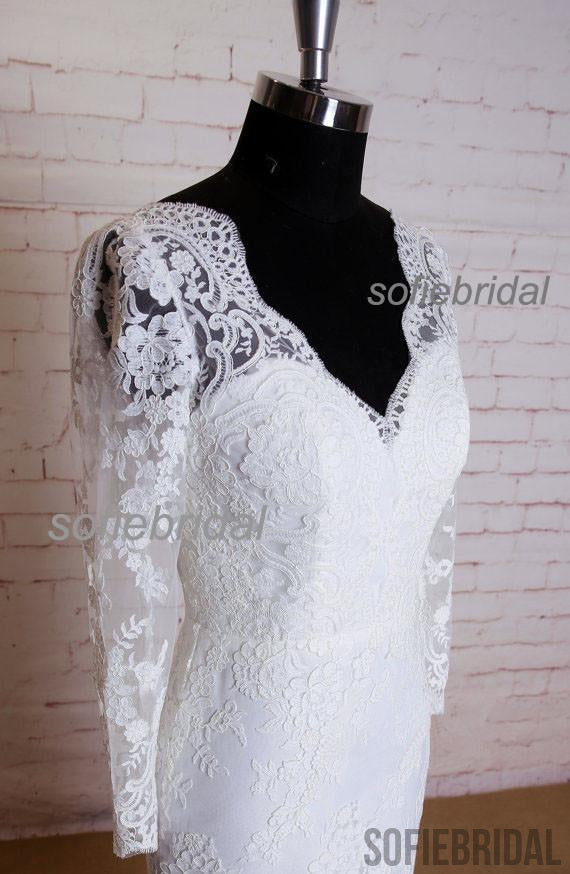 Long Sleeve Lace V-back Sheath Elegant Wedding Party Dresses, WD0212