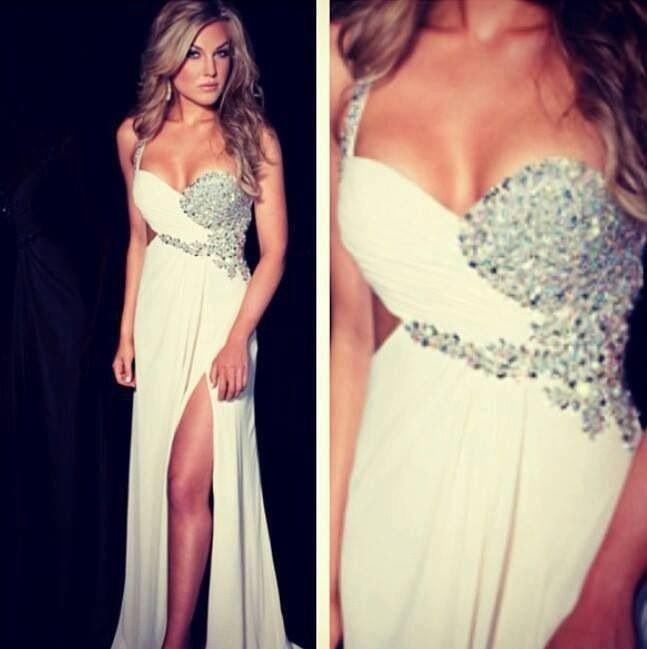 One Shoulder Sweetheart Rhinestone White Jersey Sexy Side Slit Prom Dresses, PD0547