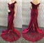 Off Shoulder Long Mermaid Maroon Lace Most Popular Prom Dresses, PD0541