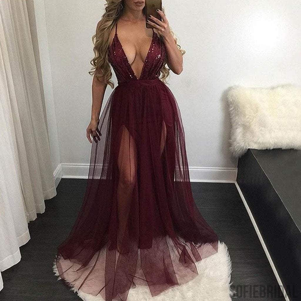 Sexy Deep V-Neck Spaghetti Long A-line Maroon Tulle Sequin Prom Dresses, PD0564