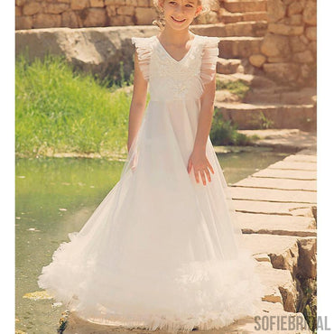 V-neck Ivory Tulle Appliques A-lone Long Little Girl Dresses, Lovely Flower Girl Dresses, FG065
