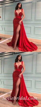 Sexy Red Sequin Satin Spaghetti Straps V-Neck Sleeveless Side Slit Mermaid Long Prom Dresses/Evening Dresses,SFPD0364
