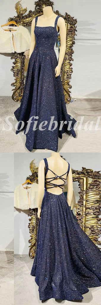 Sexy Shiny Sequin Spaghetti Straps Sleeveless A-Line Long Prom Dresses,PD0796