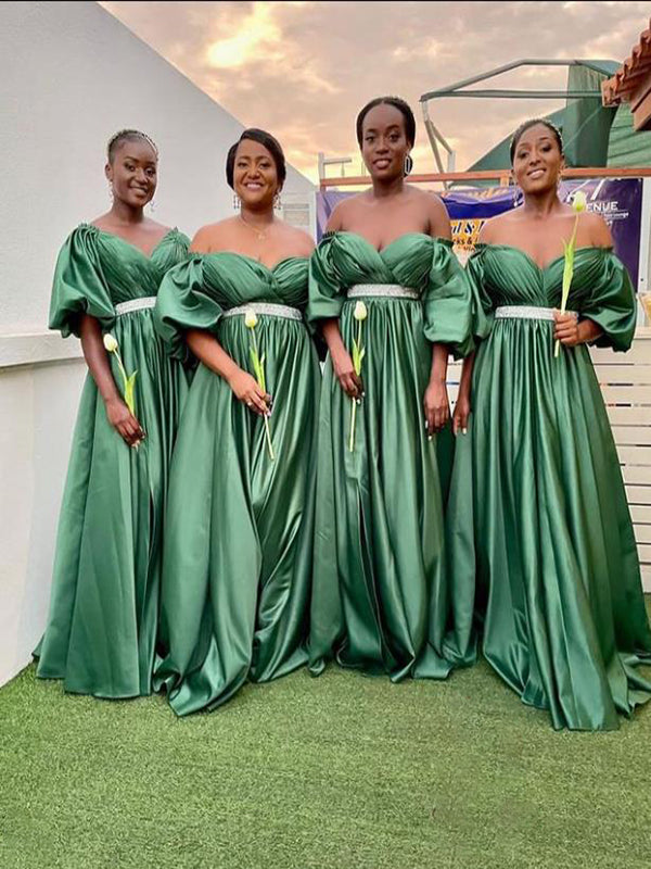 Green A-Line V-Neck Half Sleeve Floor Length Long Bridesmaid Dresses , SFWG00420