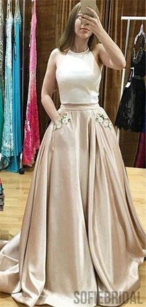 Halter Two-Pieces Simple Stain Prom Dress With Pocket, PD0998