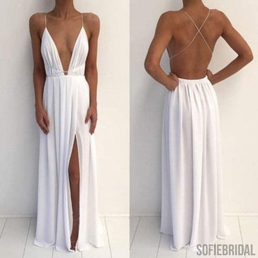 Sexy Deep V-Neck Spaghetti White Chiffon Side Slit Long Prom Dresses, PD0565