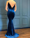 Spaghetti Long Mermaid V-neck Velvet Prom Dresses, PD0972