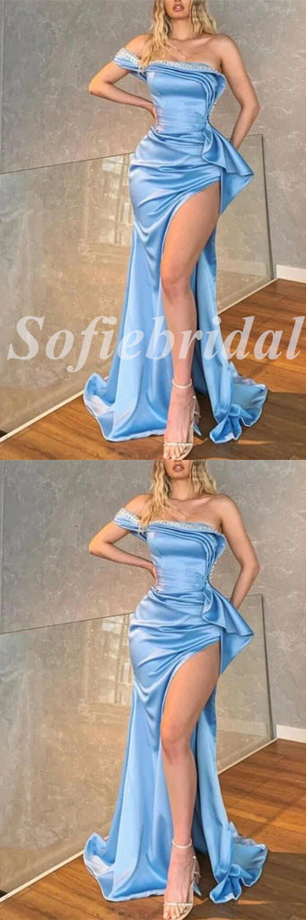Sexy Satin One Shoulder Sleeveless Side Slit Mermaid Long Prom Dresses With Applique, PD0863