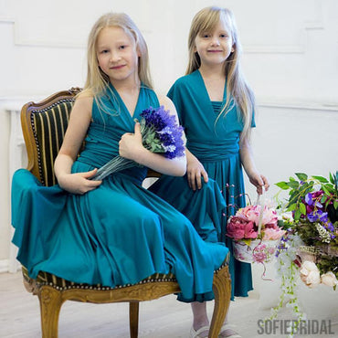 Convertible Teal Jersey Cheap Flower Girl Dresses, Junior Bridesmaid Dresses,  FG034