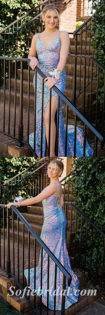 Charming Sequin Spaghetti Straps Sleeveless Criss Cross Side Slit Mermaid Long Prom Dresses,SFPD0488