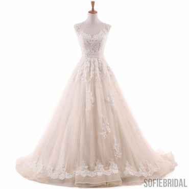Ivory Lace Appliques A-line Tulle Wedding Dresses, Beaded Belt Wedding Dresses, WD0241