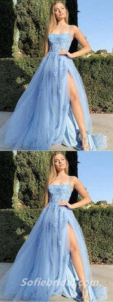 Elegant Tulle Spaghetti Straps A-Line Side Slit Long Prom Dresses With Applique,SFPD0331