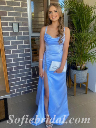 Sexy Blue Satin Spaghetti Straps Sleeveless Side Slit Mermaid Long Prom Dresses,SFPD0527