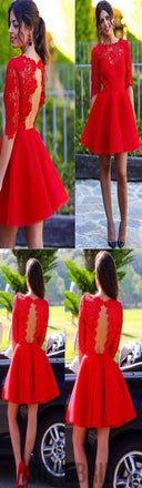 Scoop Red Lace Half Sleeve Open Back Tulle Homecoming Dresses, SF0053