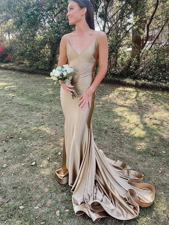 New V-neck Mermaid Soft Satin Open Back Simple Prom Dresses,SFPD0173