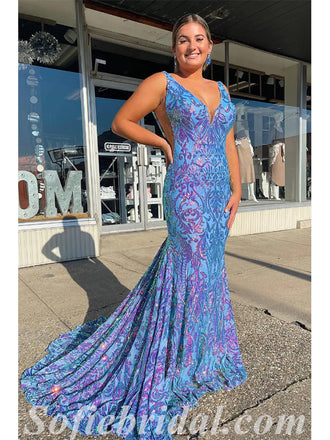 Sexy Special Fabric Spaghetti Straps V-Neck Sleeveless Open Back Mermaid Long Prom Dresses,SFPD0491